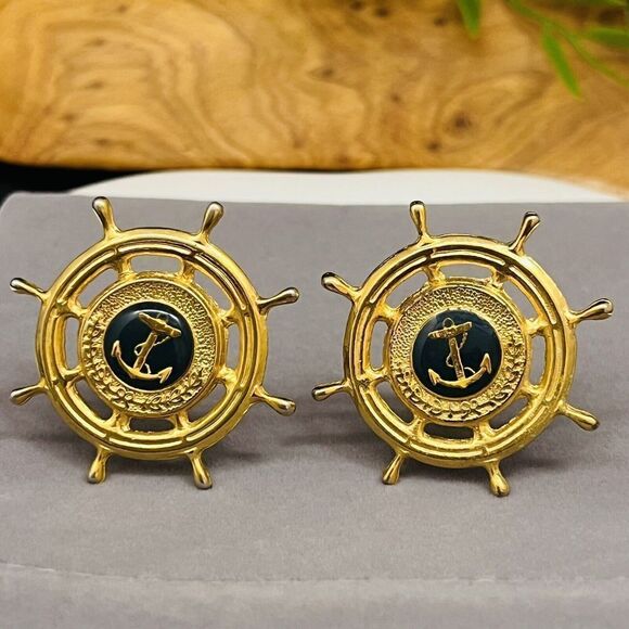 Vintage Nautical Earrings Steering Wheel Enamel Anchor Clip On Gold Beach 1115 - Picture 2 of 8